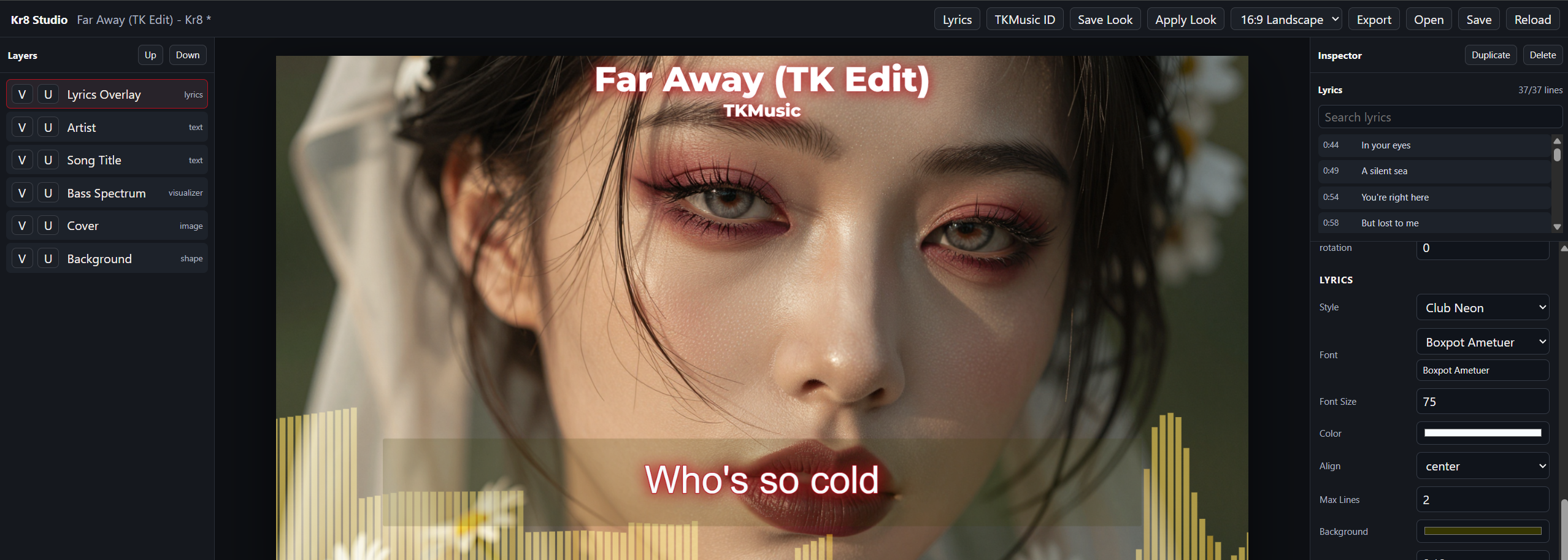Kr8 Studio desktop editor showing a lyric visualizer project